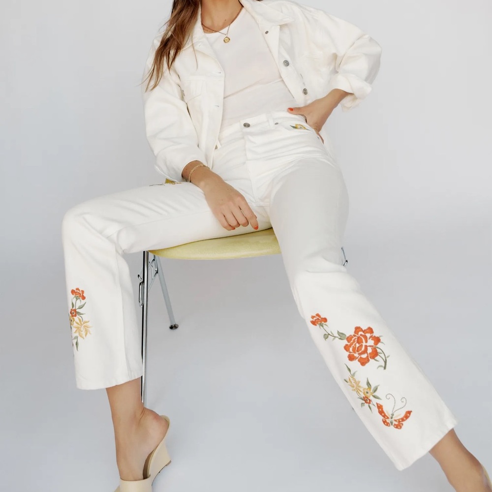NWT Reformation Cynthia High Rise Straight Jeans White Floral Embroidery
